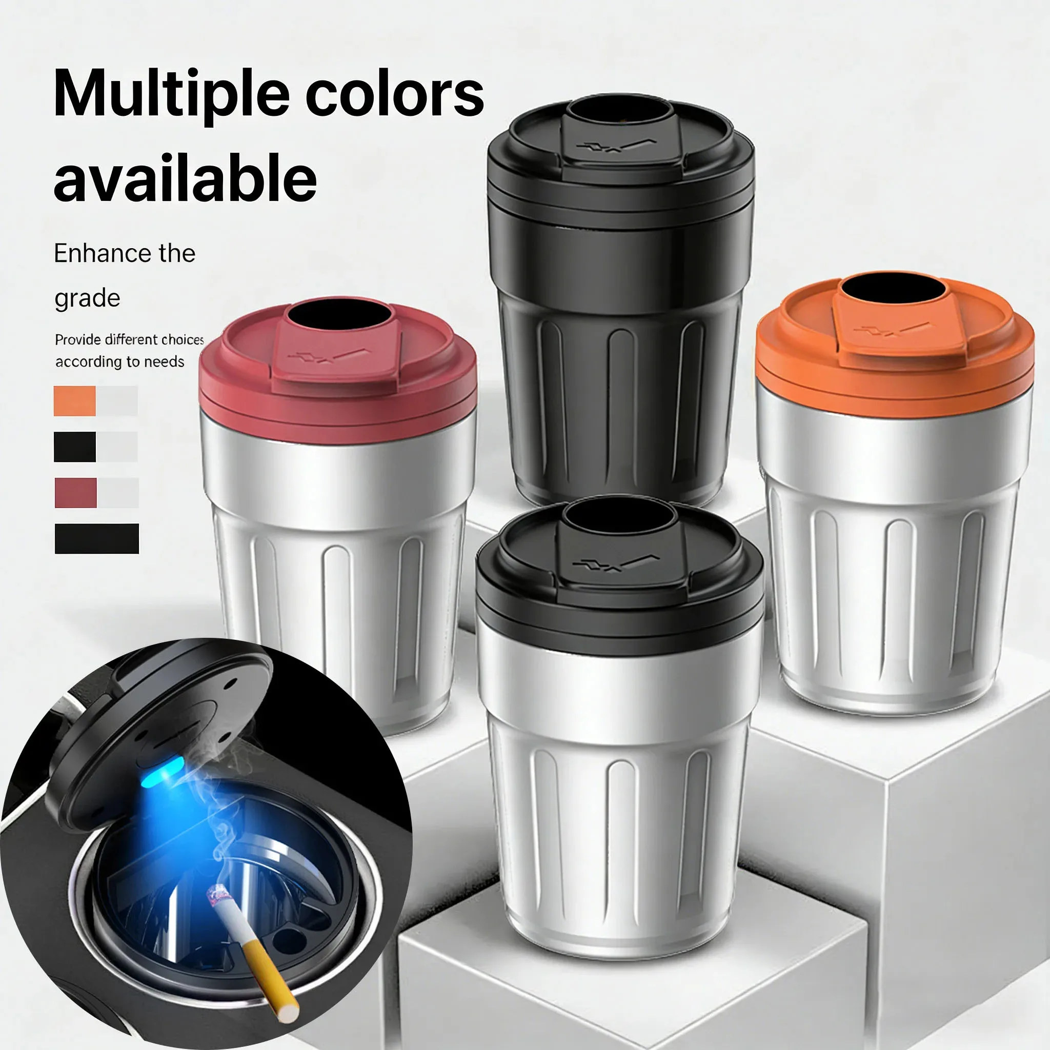 Cinzeiro Portátil para Carro com LED Azul, Estilo Copo de Café com Revestimento Metálico, Lixeira Retardante de Chamas com Tampa, Suporte Anti-Derramamento de Cinzas para Carro