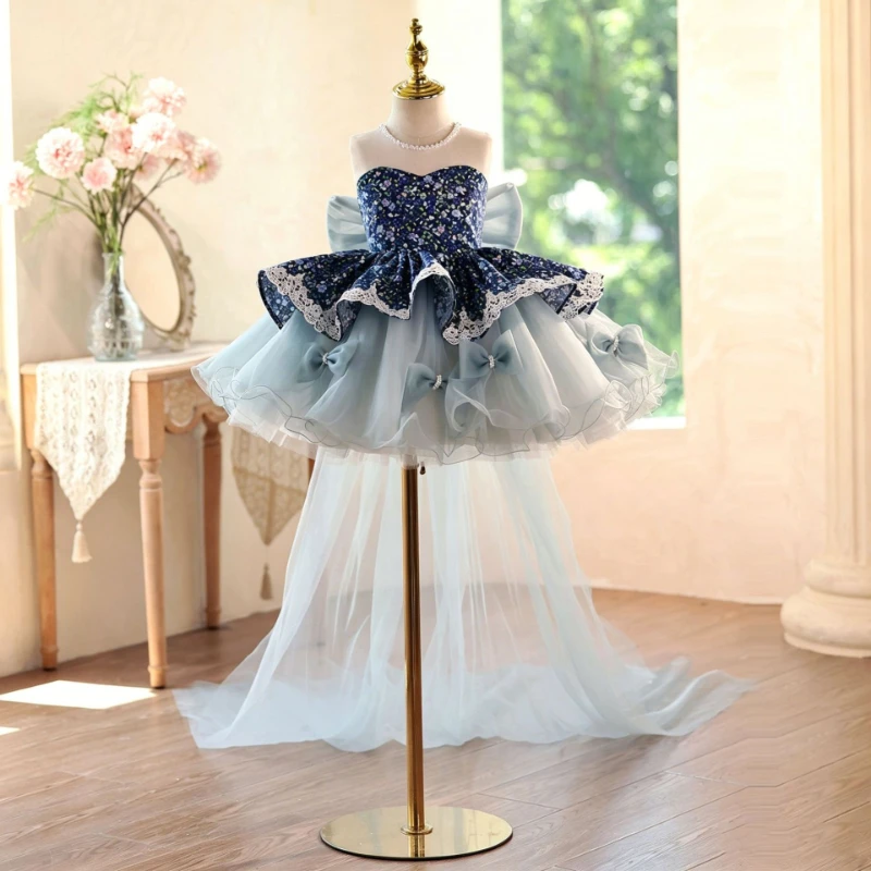 2026 Children Girls French Floral Kids Birthday Party Banquet Tutu Runway Performance Host Piano Princess Gown Pageant Costume