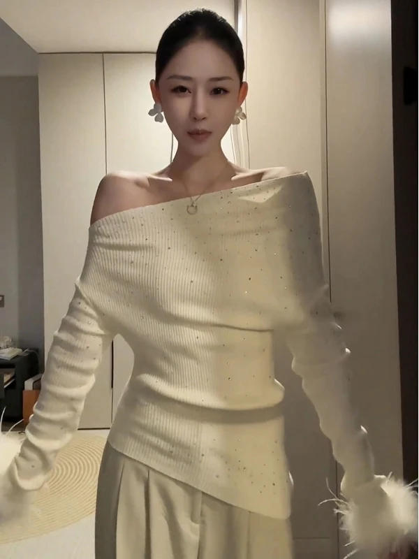 

Трикотаж больших размеров с бриллиантами и волнистыми плечами, облегающий женский трикотаж Faion Aosphere Long Sve Commute Sle, корейская версия