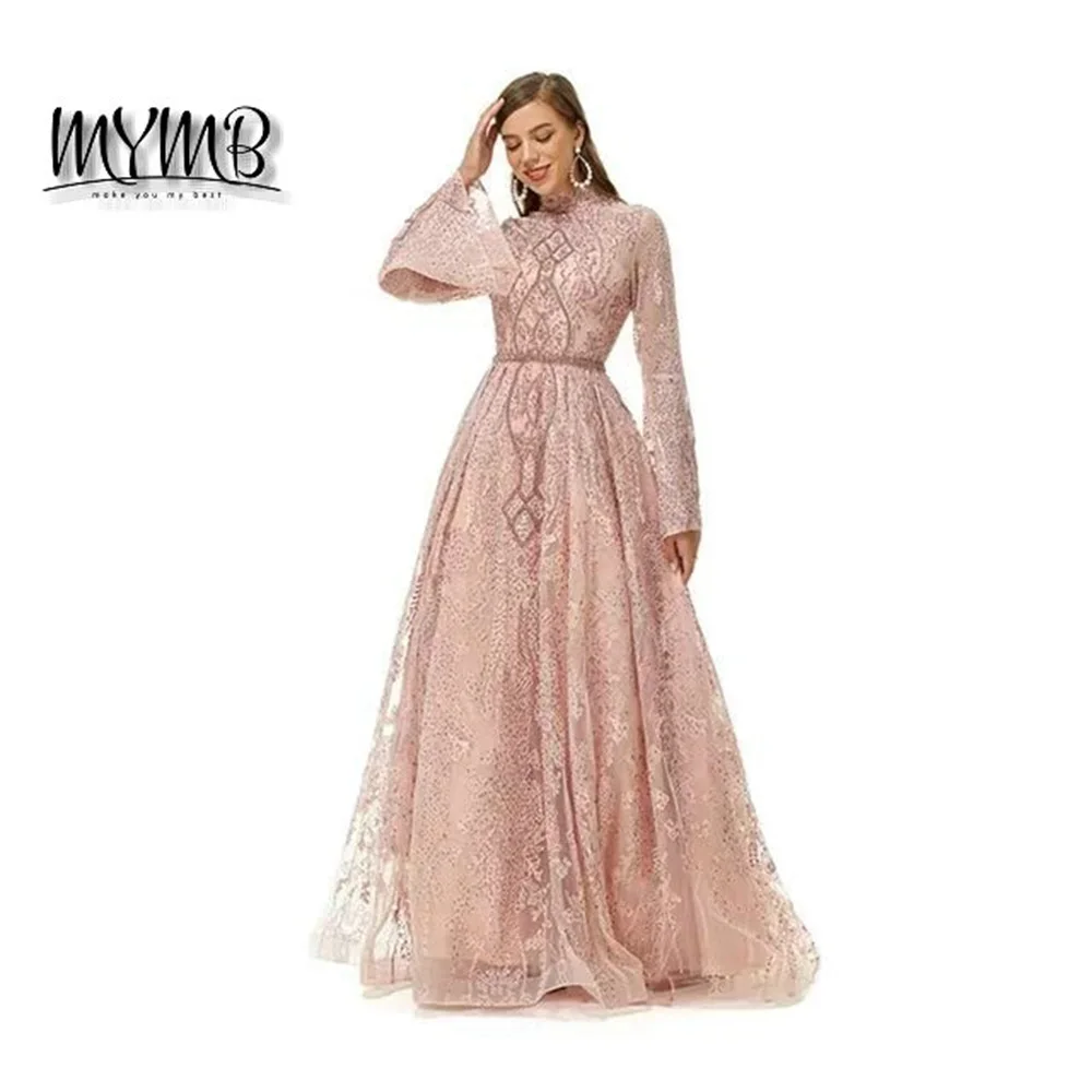 

MYMB Elegant A-Line Evening Gowns Wear Dresses High Neck Muslim Long Sleeves Dubai Abaric Formal Party Gowns for Women DWS2056