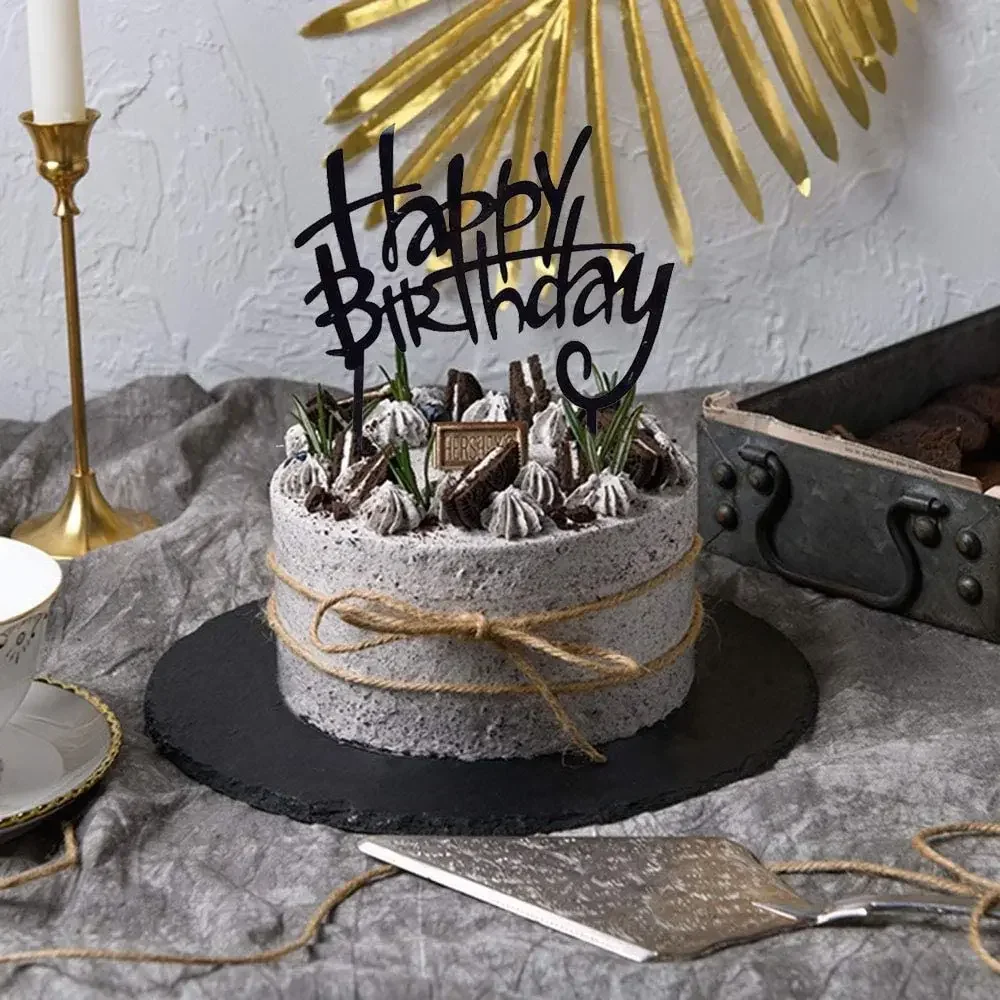 Black Gold Acrylic Happy Birthday Cake Topper Creative Cake Decoration Party Favors Supplies Cake Decorating Tools