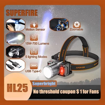 SUPERFIRE HL25 LED Sensör Far Kamp Arama Işığı Kafa El Feneri Şarj Edilebilir Güçlü Kafa Lambası Ön Fener Far