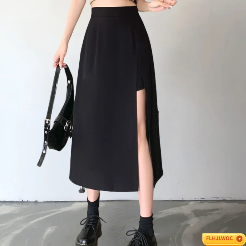 Hot Sales New Design Chic Korea Fashion Women Office Lady Irregular High Waist Tunic Split Slit Pencil Solid Black Short Skirts