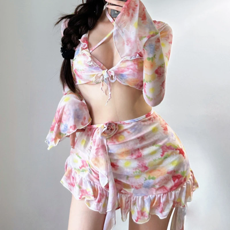 

Sexy Bikini High Waisted Backless Printed Halter Flared Long Sleeve 4 Piece Set 2024 Summer Fashion Bikinis Swimsuit Separate