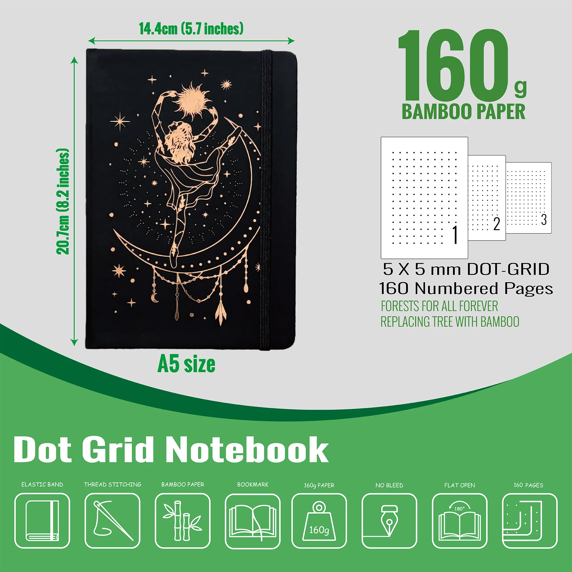 Productivity Dot Grid Notebook for Goals, To-Dos & Trackers, 160gsm No-Bleed Paper, 5×5mm Dots, Faux PU Leather Hardcover
