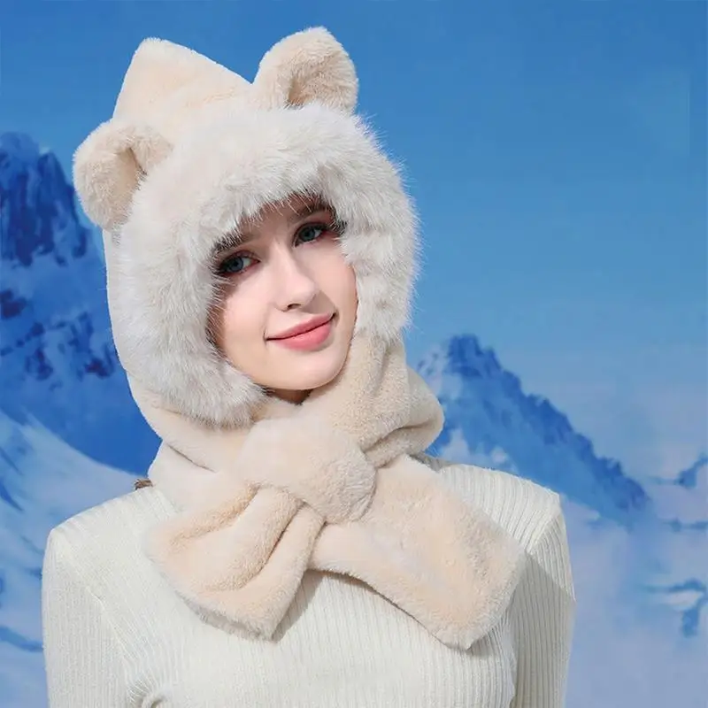 Hooded Winter Hat Cute Ear Winter Warm Women Hoodie Hat Integrated Ear Protection Cold Weather Hat Neck Warmer With Plush Lining