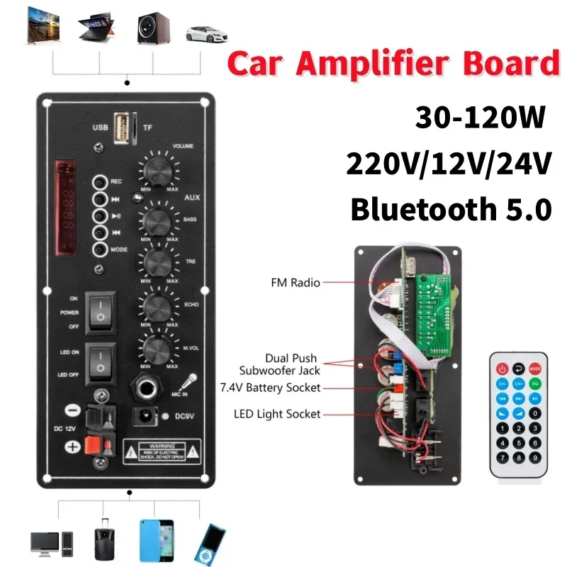 30W-120W Car Amplifier Board 12V/24V/220V Digital Amplificador USB Dac FM Radio TF Player Audio Power Boards