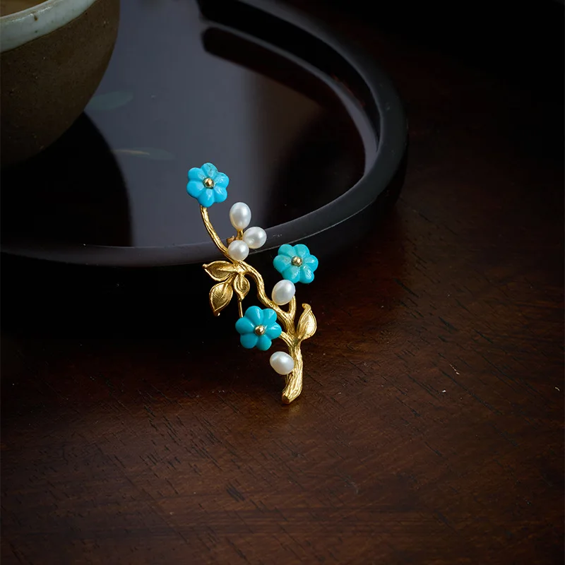 Blue Star Flower Brooch, Turquoise Pearl Accents, Natural Gemstone Unique Design High-Quality Pin