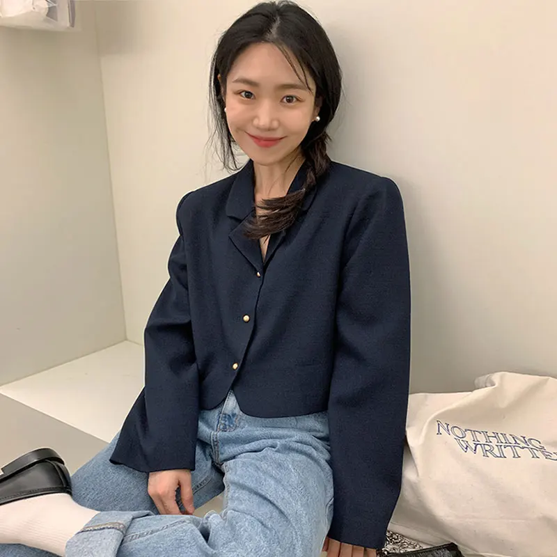 

Шикарный осенний костюм в стиле ретро с металлическими лацканами на одной пуговице, свободный прямой длинный костюм-джак для женщин Faionable Versa...