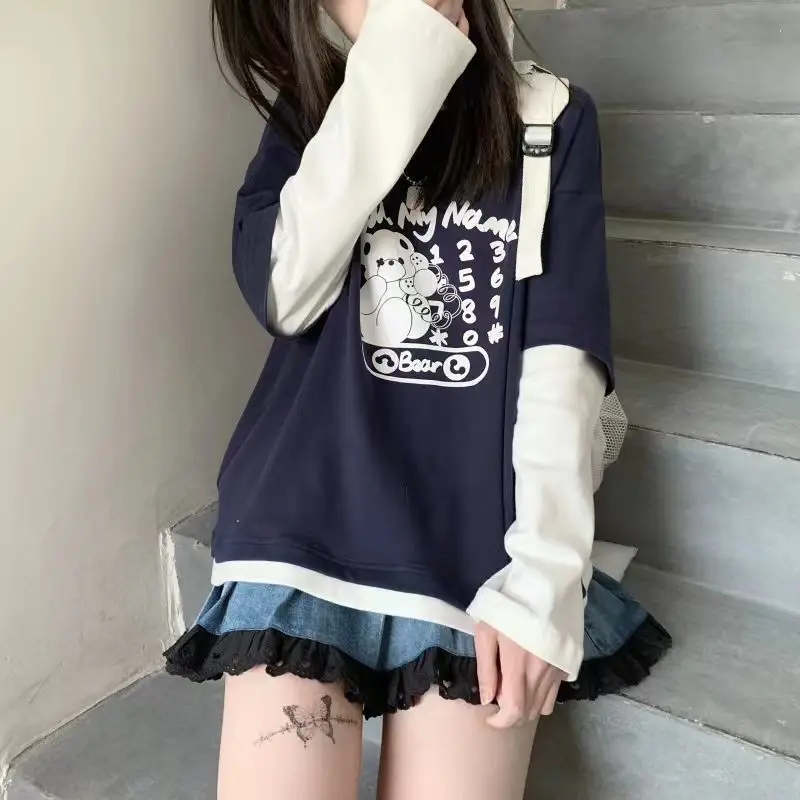 2024 Autumn Teen Girls Harajuku Cartoon Bear Print Fake 2 Pieces Tshirt Patchwork Long Sleeve Y2K T-Shirt Women Sweet Clothes