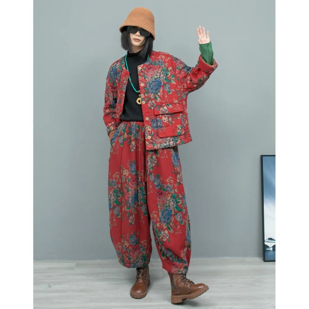 Chinese Style Northeast Big Flower Cotton Cardigan Jacket + Plush Pumpkin Pants Two-piece Set Women Winter LX2727