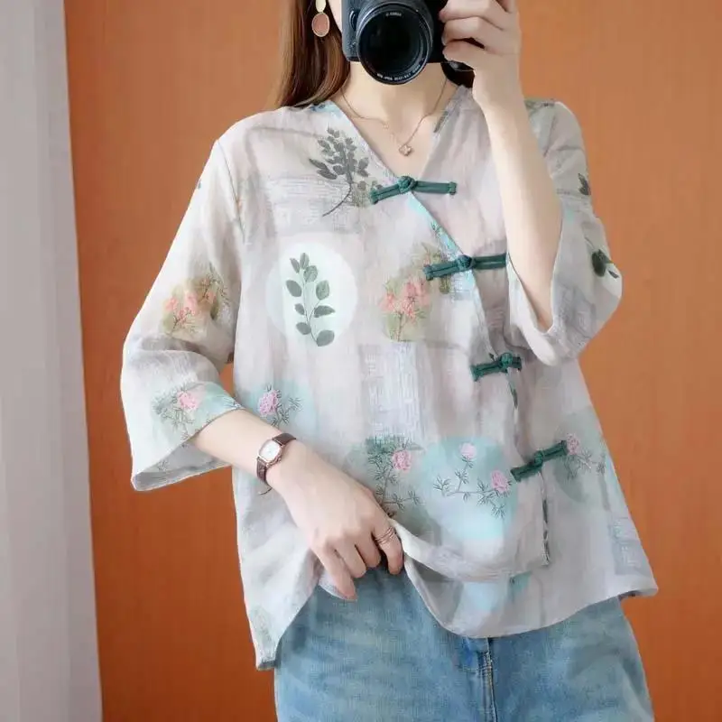 Summer Women Print Cotton Linen Shirt 2026 New Vintage Plate Buckle Tops Elegant V-neck Irregular Blouse Loose Plus-size
