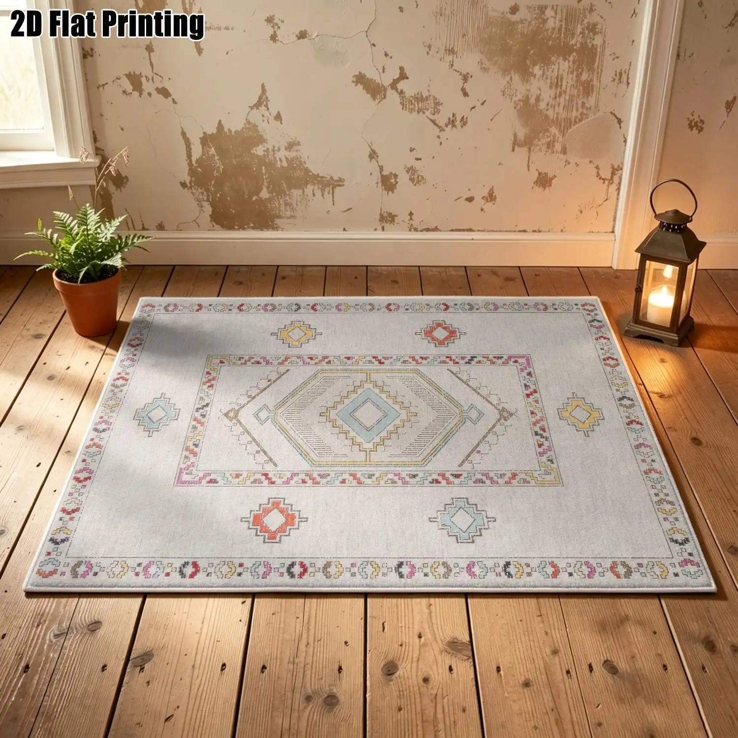 1Pc 2D Printed Velvet Retro Geometric Carpet, Multi-Size, Machine Washable, for Home Decor & Multi-Scene Use