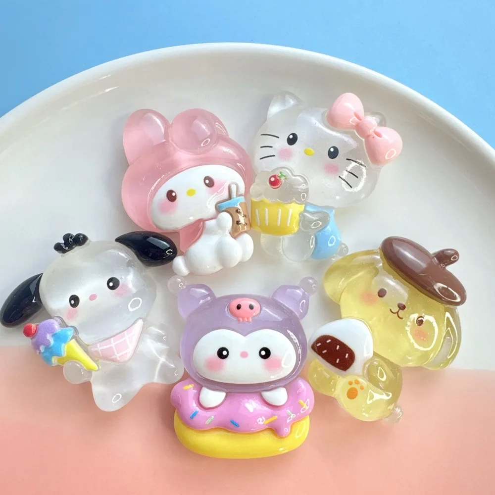 

5pcs Night light Sanrio Hello KittyCartoon Resin Cute Style Hairpin Pendant Melody Kuromi Diy Miniature Ornament Accessories