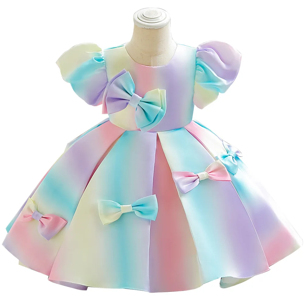 ELBCOS 2-6T Kid Girls Short Puff Sleeve Bowknot Bubble Skirt Colorful Costumes Evening Full Dress