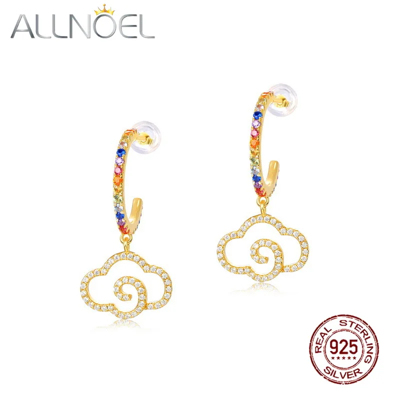 

ALLONEL 925 Sterling Silver 5A Rainbow Zircon C Drop Earrings Cloudy Shape Hollow Out Design for Women Girls Fine Jewelry Gifts