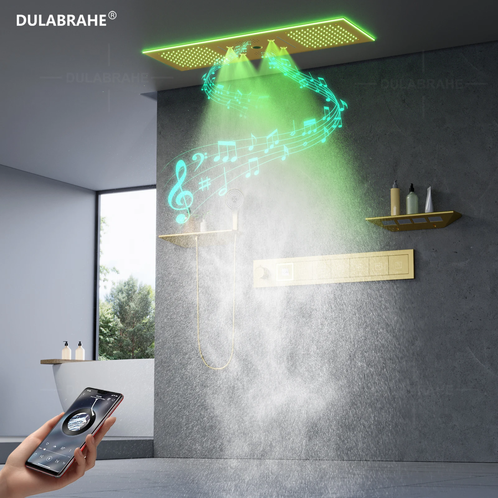 Brushed gold ceiling bathroom side spray handheld with storage platform music thermostat shower system LED shower rainforest