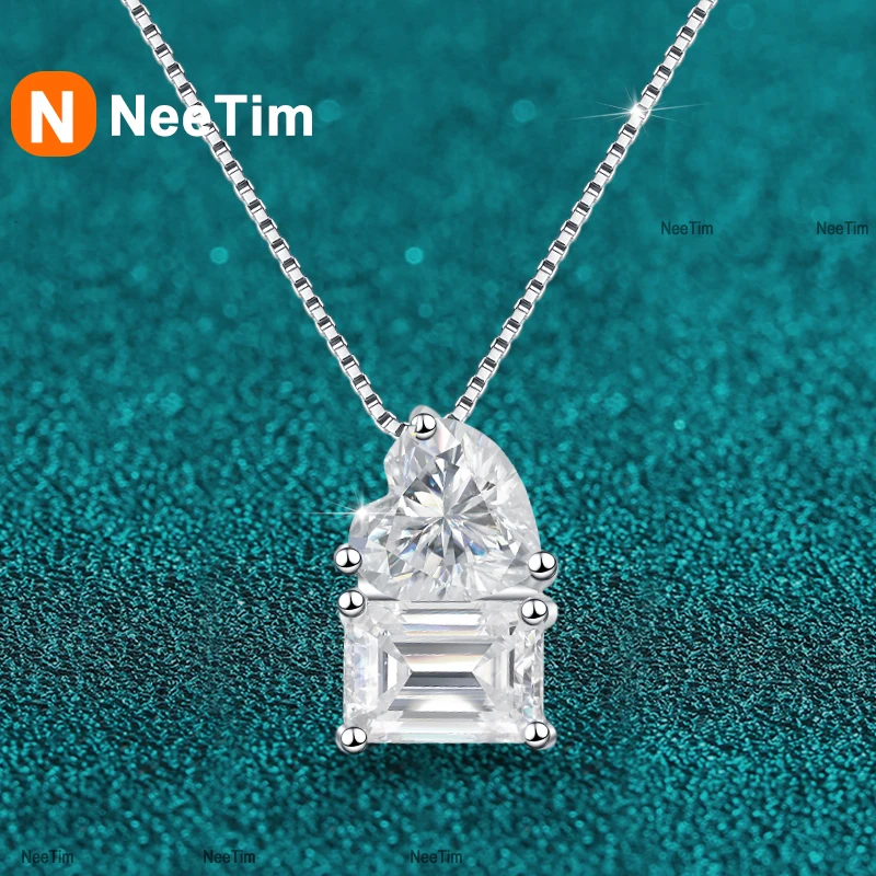NeeTim All Moissanite Necklace for Women s925 Sterling Silver Radiant Emerald Heart Cut Moissanite Chain Necklaces and Pendants