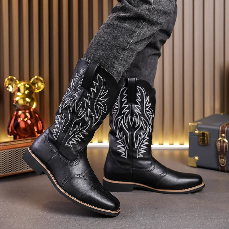 Spring Autumn Men Western Cowboy Boots High Tube Embroidered Boots Punk Man Knight Boots Retro Wide Headed Leather Shoes for Men