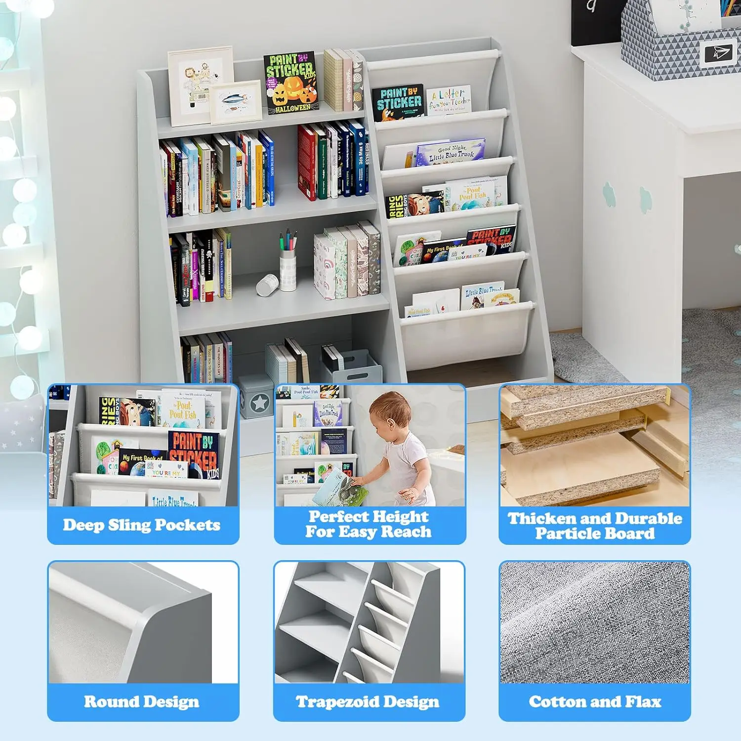 Wooden Bookshelf,Five Layer Sling Toddler Front Facing Bookcase,Baby Kids Storage Book Rack,Book and Toy Organizer Cabinet,Child