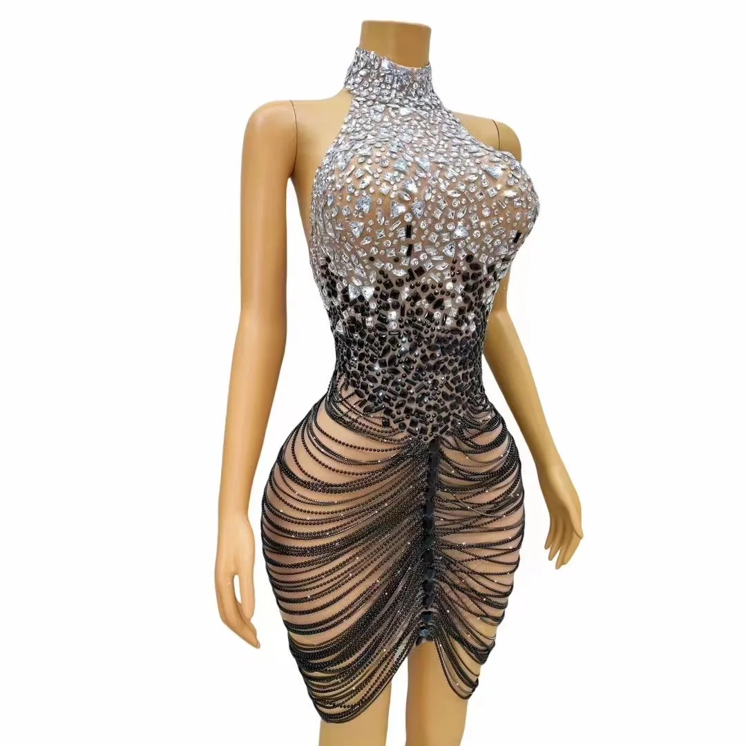 Sparkly Rhinestons Short Dress for Women Sexy Backless Mesh See Through Evening Prom Celebrate Birthday Dress Photo Shoot Wear