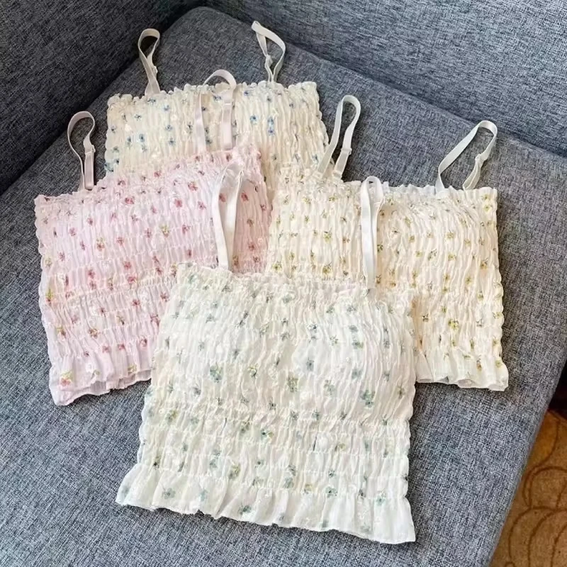 

Floral Printed Camisole Woman Summer Sweet Spaghetti Strap Tank Top Female with Built In Bra Corset Women Vest with Padded