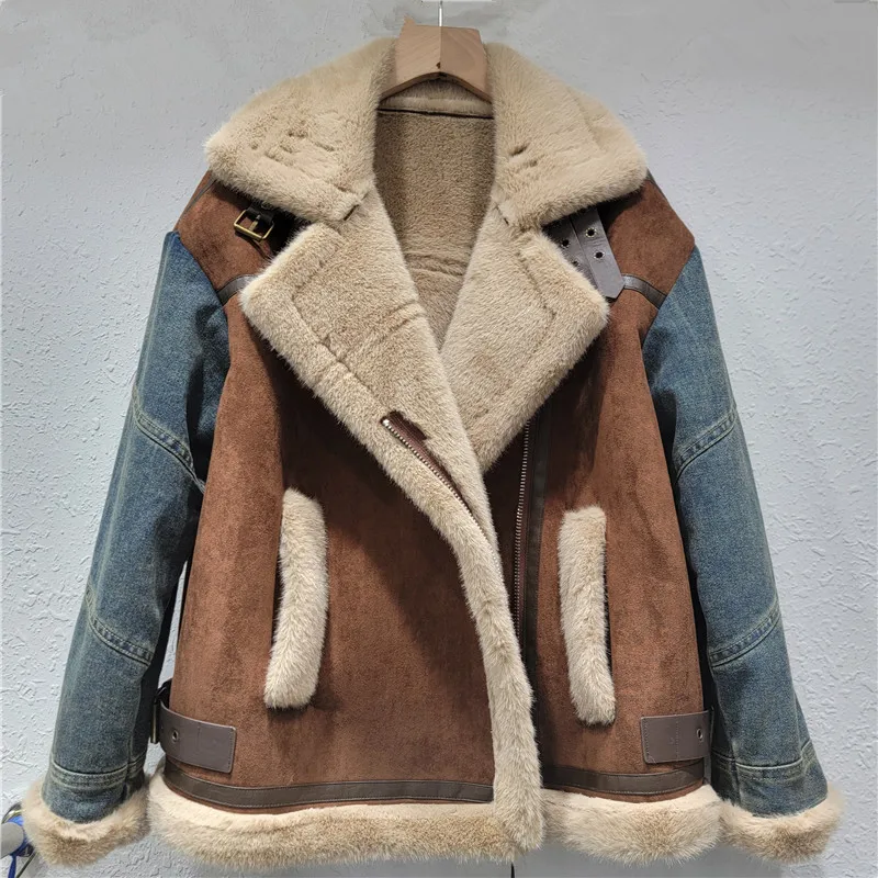 

SuperAen Design Thickened Patchwork Denim Jacket for Women Autumn and Winter 2026 New Fashion Criss-cross Turn-down Collar Coats