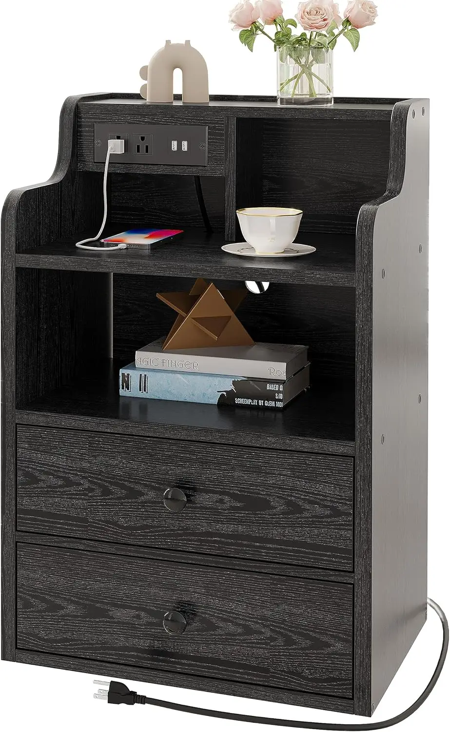 Black Nightstand with LED Charging Station 2 Drawers and Storage Shelves, Left and Right Interchangeable Sockets Bed Side Table