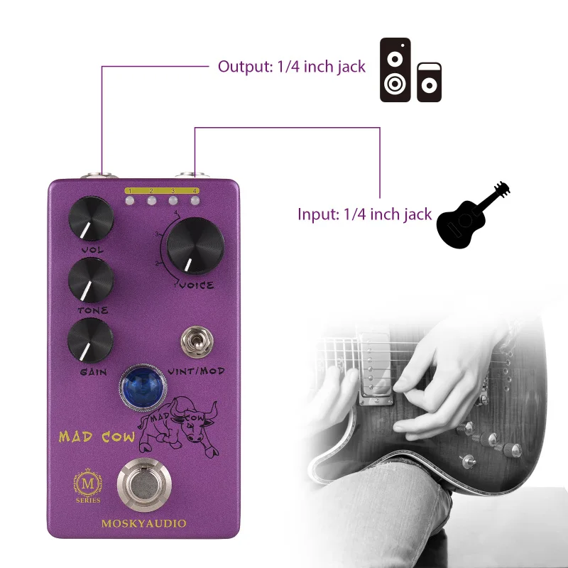 MOSKYAUDIO Guitar Distortion Effect Pedal GAIN/VOL/TONE/VINT/MOD/4-Mode 6.35mm Input/Output Electric Guitar Effector True Bypass