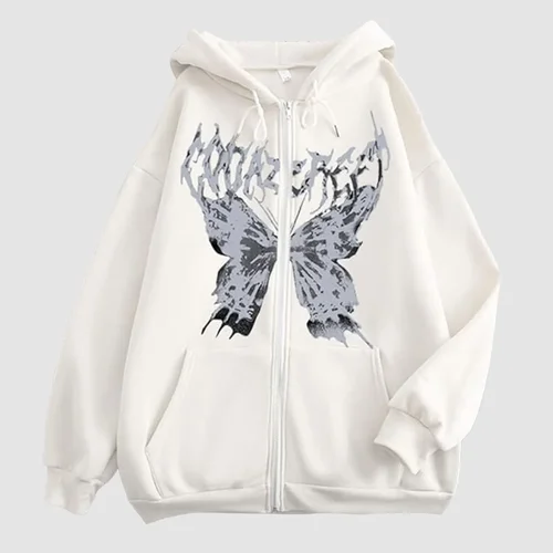 Imagen 2 del producto Abrigo con capucha para mujer, chaqueta con capucha y cremallera de retales de mariposa y esqueleto divertido, sudadera holgada y cómoda de gran tamaño, Top de manga larga para niña