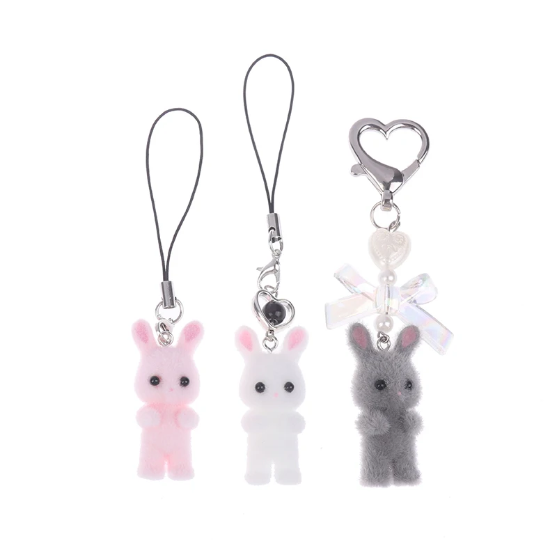 Cute Flocking Cat Rabbit Keychain Phone Chain Plush Bunny Phone Lanyard Keyring Car Key Holder Bag Pendant Earphone Camera Chain