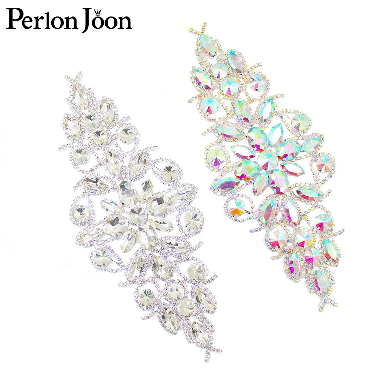 1 Piece Ab Crystal Long Rhinestone Applique Large Patches For Wedding Clothing Bags Shoes Accessories 8.66x3.54 Inches YHZ008