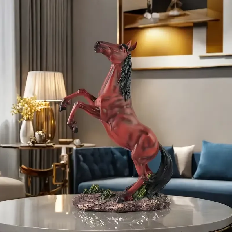 Hot Sale Dynamic Red-Brown Resin Horse Statue with Black Mane, Rearing Pose on Grass Base, Elegant Home Decor for Living Room