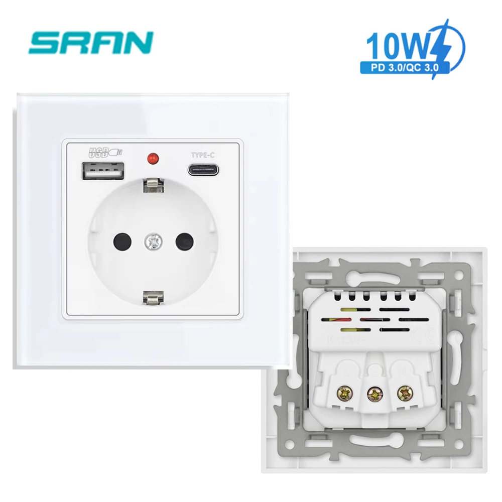 SRAN 10W Charging Socket  With USB Interface Type-C Phone Charger Port 5V 2.1A Glass Panel Socket