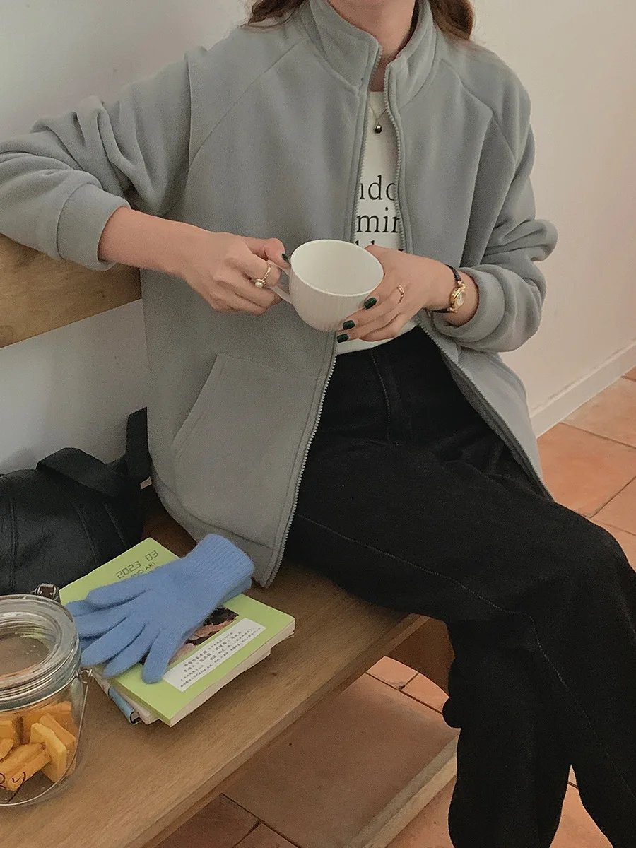 Sudadera de lana sin sombrero para mujer, Sudadera con capucha de invierno, Sherpa minimalista, franela de rizo, cuello levantado, cuello redondo, cinta con cordones, color rosa