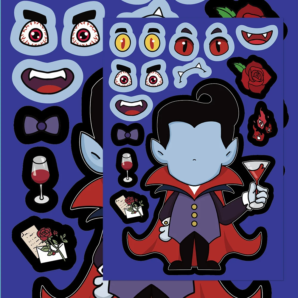 

8/16sheets Children Make a Face Stickers Funny Halloween Cartoon Puzzle Sticker DIY Assemble Jigsaw Decal Game Kid Education Toy