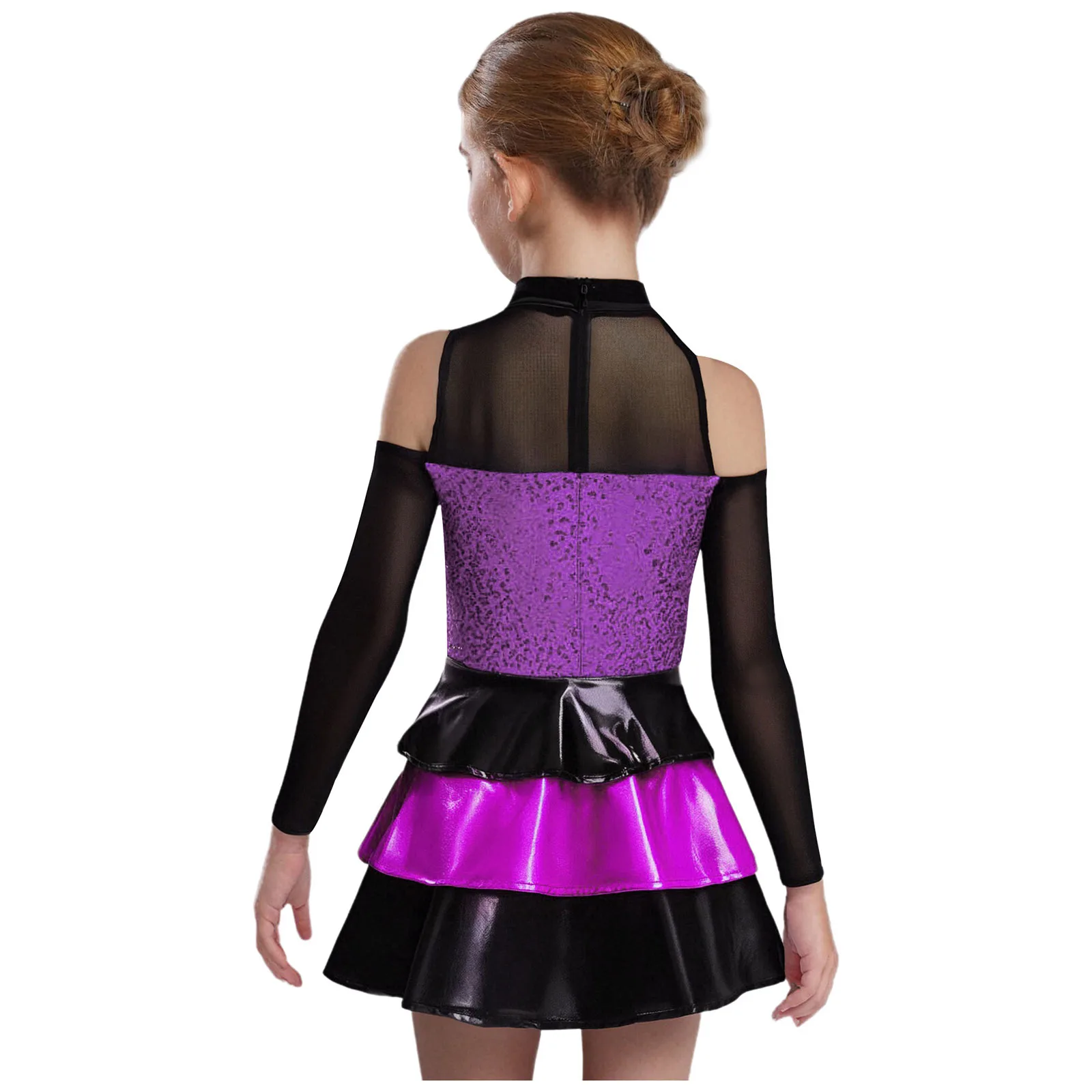 Kids Girls Jazz Latin Dance Costume Long Sleeve Cold Shoulder Shiny Sequins Tiered Ruffled Dresses Lyrical Ballet Dance Dress