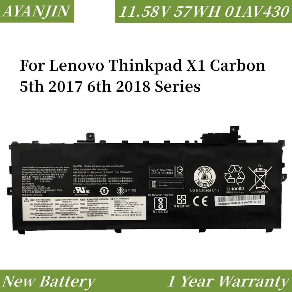 

01AV494 01AV430 Battery For Lenovo Thinkpad X1 Carbon 5th 2017 6th 2018 Series 01AV429 SB10K97586 01AV431 SB10K97587 11.58V 57WH