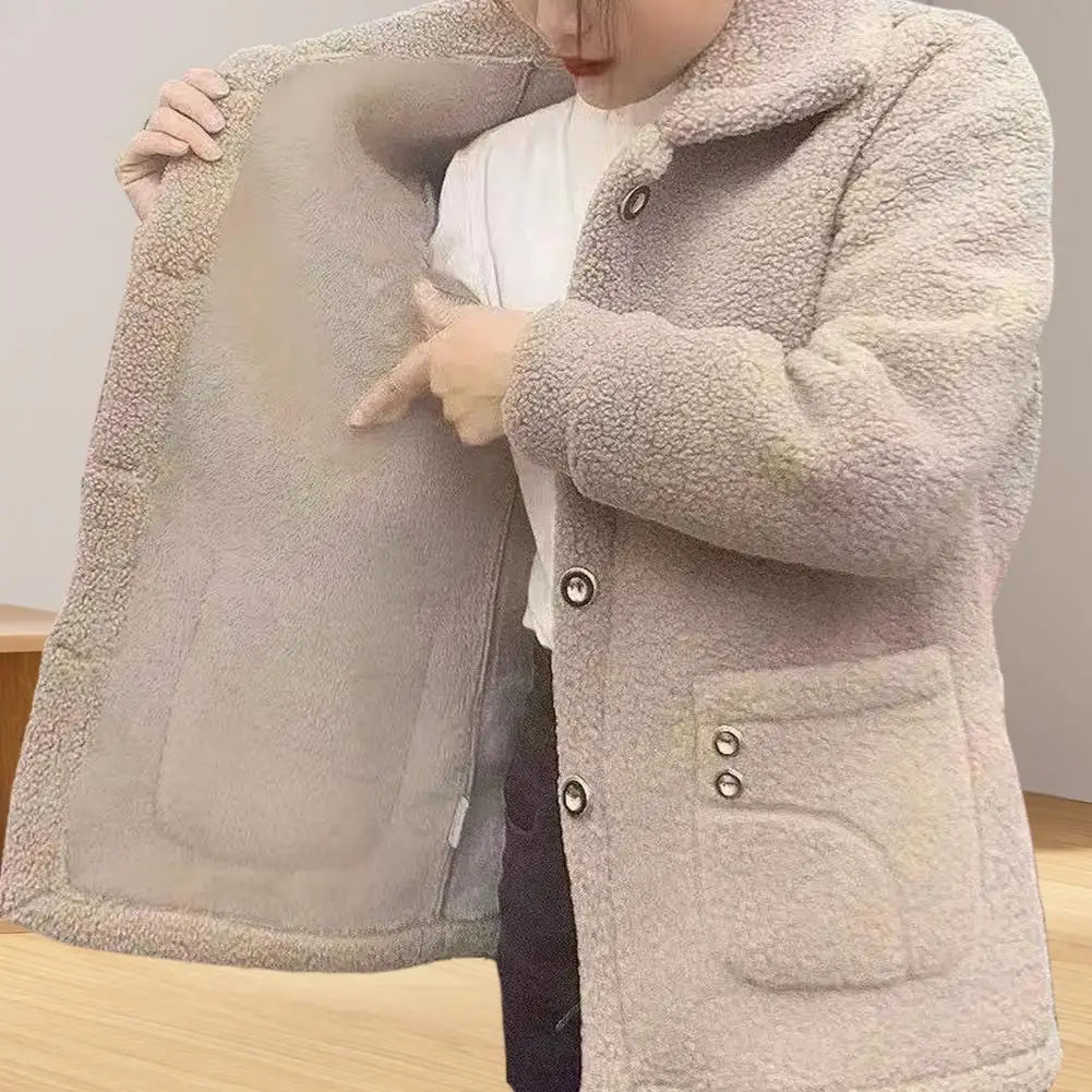 Winter Coat Cozy Winter Fleece Coat with Side Pockets Turn-down Collar Coldproof Outwear Jacket for Women Stylish Long Sleeves