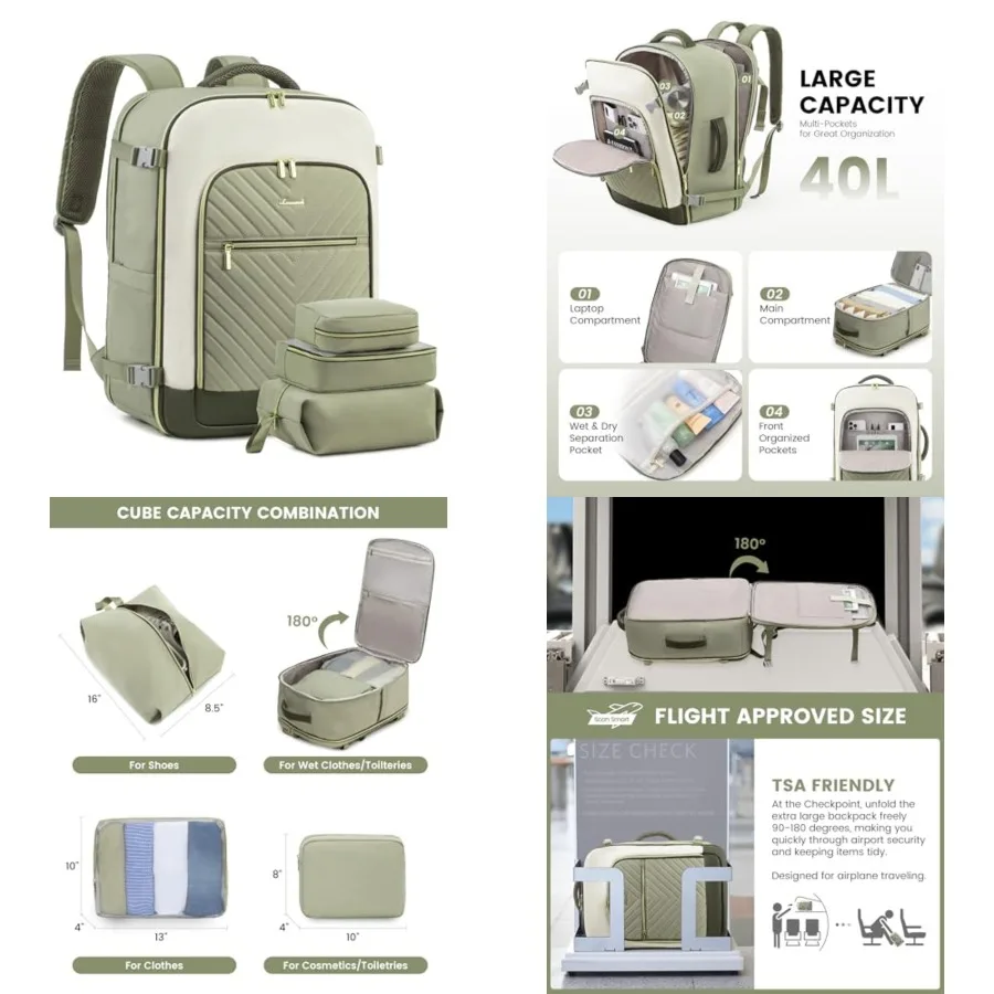 

Large Travel Backpack for Women, TSA Carry on Backpack for Airplanes, 40L Personal Item Travel Bag for Women fits 17" Laptop, W