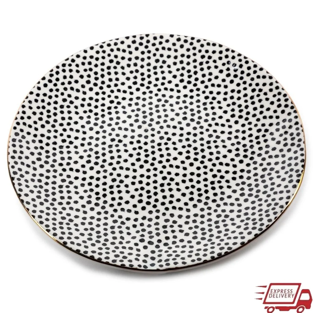 

Элегантная керамическая круглая тарелка для салата, посудомоечная машина, безопасная для микроволновой печи, черно-белый точечный узор, геометрический дизайн, прочный, универсальный, для столовой