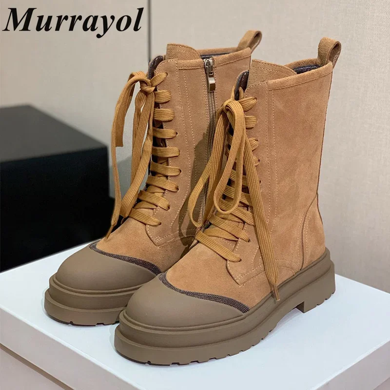 

Round Toe Cow Suede Lace-up Flat Ankle Botas Women Solid Color String Bead Decor Short Boots Autumn Winter Motorcycle Boots