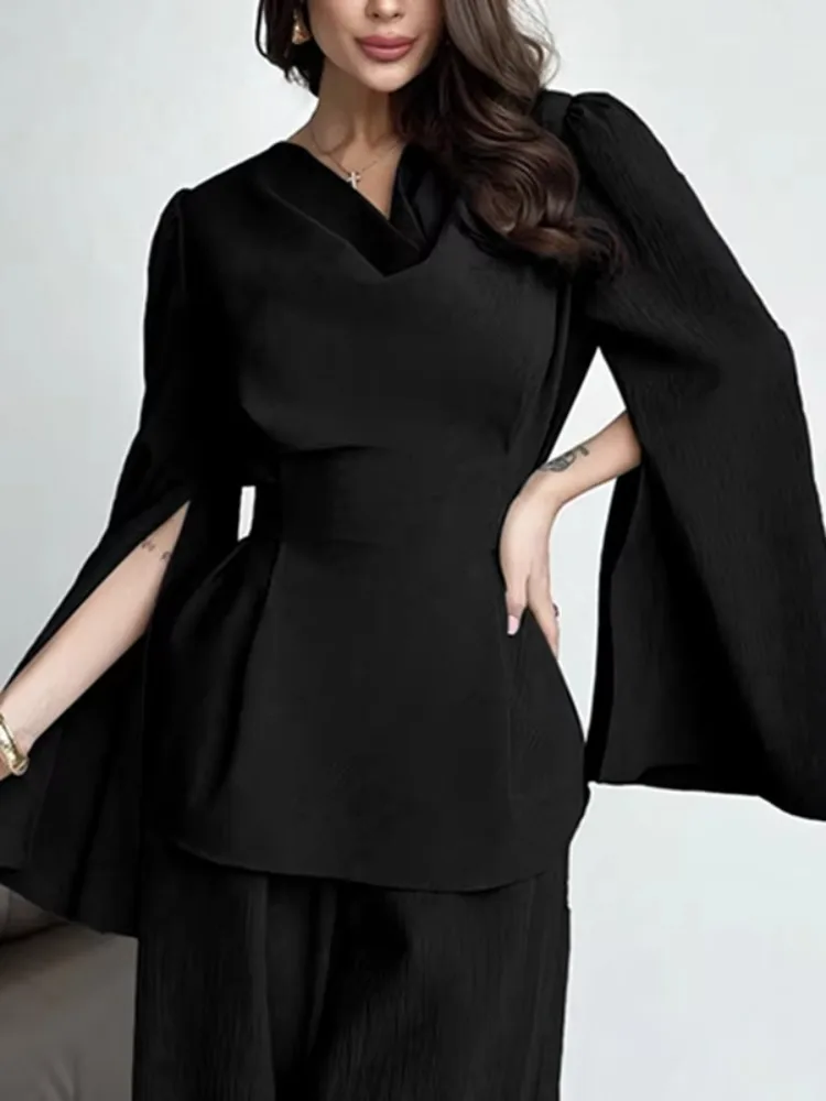 

Modigirl 2026 Women Black Blouse Women's T-shirt Womens Blouses V Neck Bowknot Tied Waist Long Petal Sleeves Elegant Trendy Tops