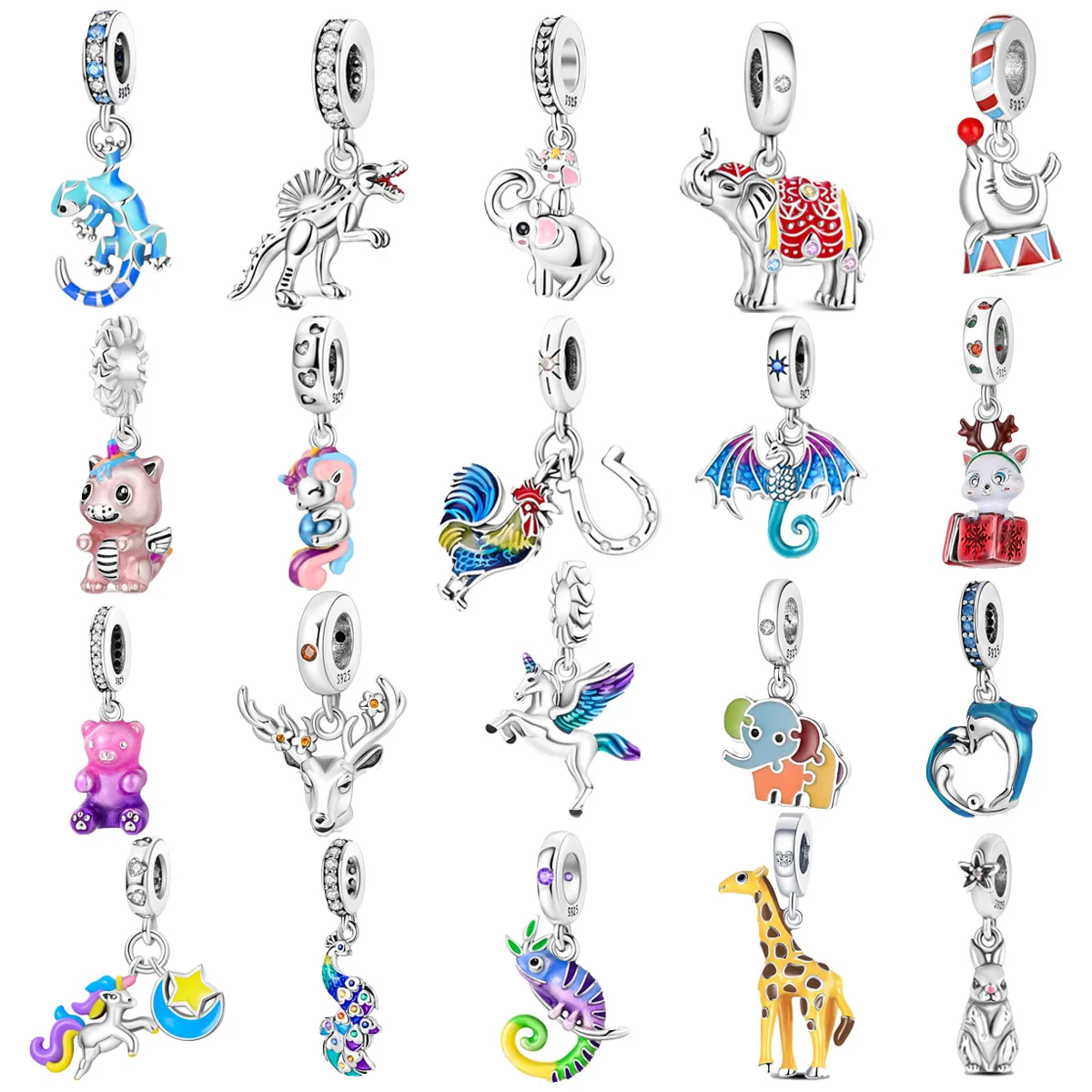 

Original 925 Charms Sterling Silver Animal Giraffe Dinosaur Elephant Horse Pendant for Pandora DIY Bracelet Ladies Jewelry Gift