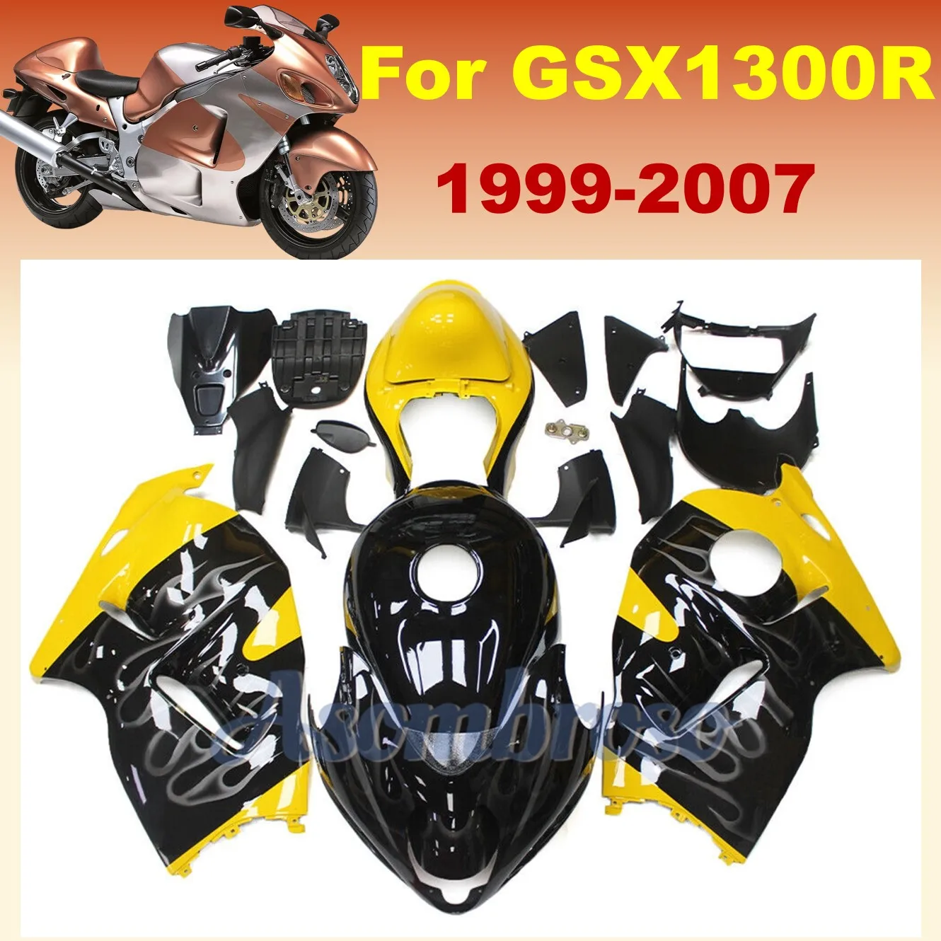 

Для GSXR1300 1999 2007 2006 Hayabusa 01 02 03 04 05 GSX1300R Желтый Черный Комплект кузова ZXMT Комплект обтекателя из АБС-пластика