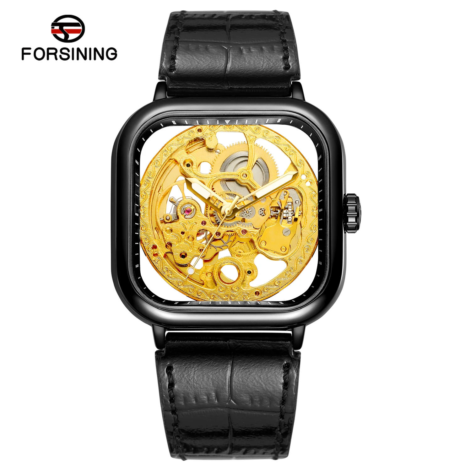 

FORSINING мужские часы с квадратным корпусом и гравировкой, автоматические механические часы со скелетом, светящимися стрелками, натуральная кожа, черные, золотые мужские часы