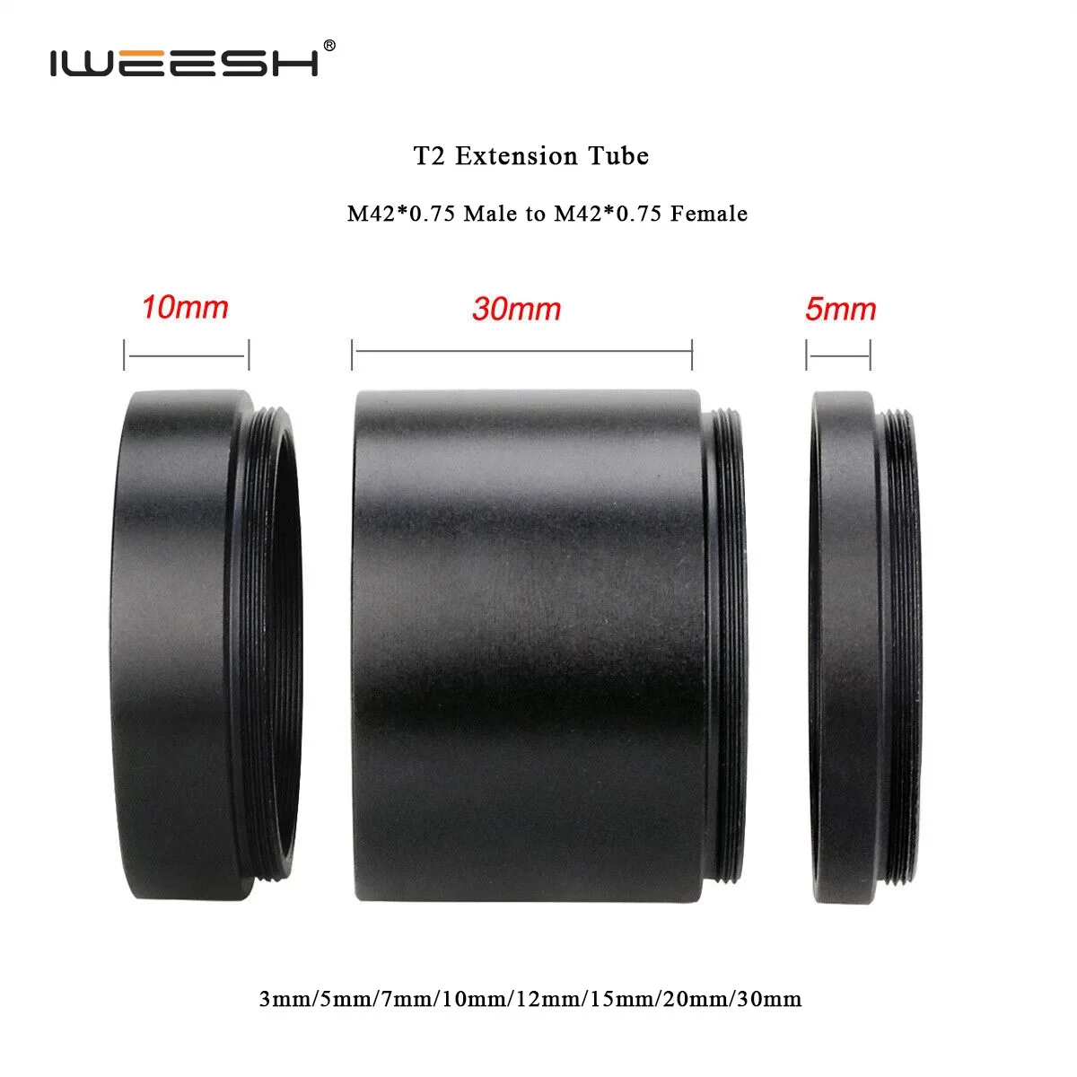 T2 Thread Extension Tube Spacer Ring M42x0.75 for Telescope Eyepiece Extend 3/5/7/10/12/15/20/30mm