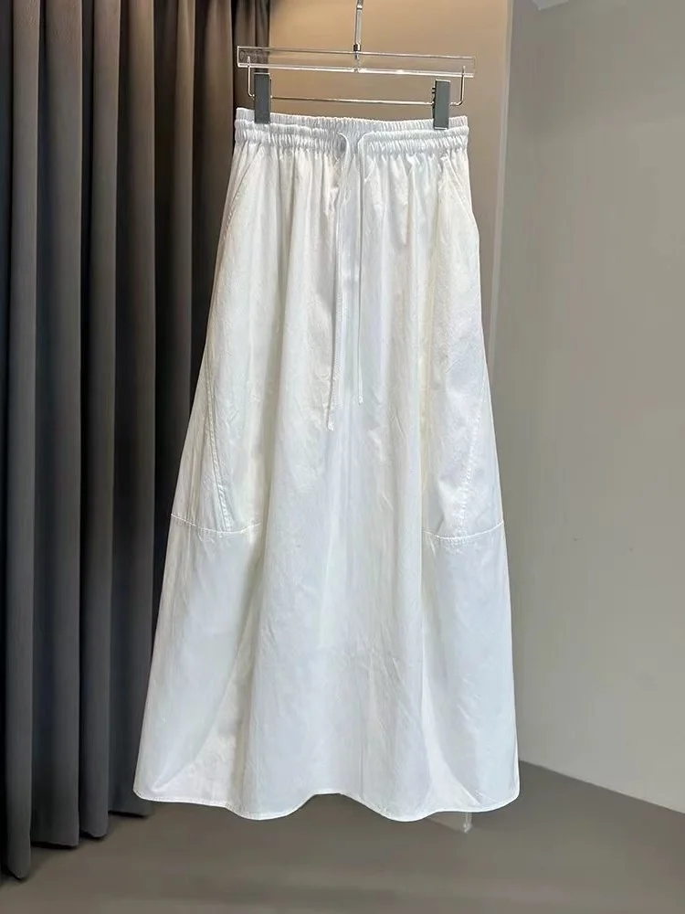 

Casual Elegant White A-Line Skirt Summer Drawstring Elastic Waist Draped Skirt Versatile Simple Style Ladies High Waist