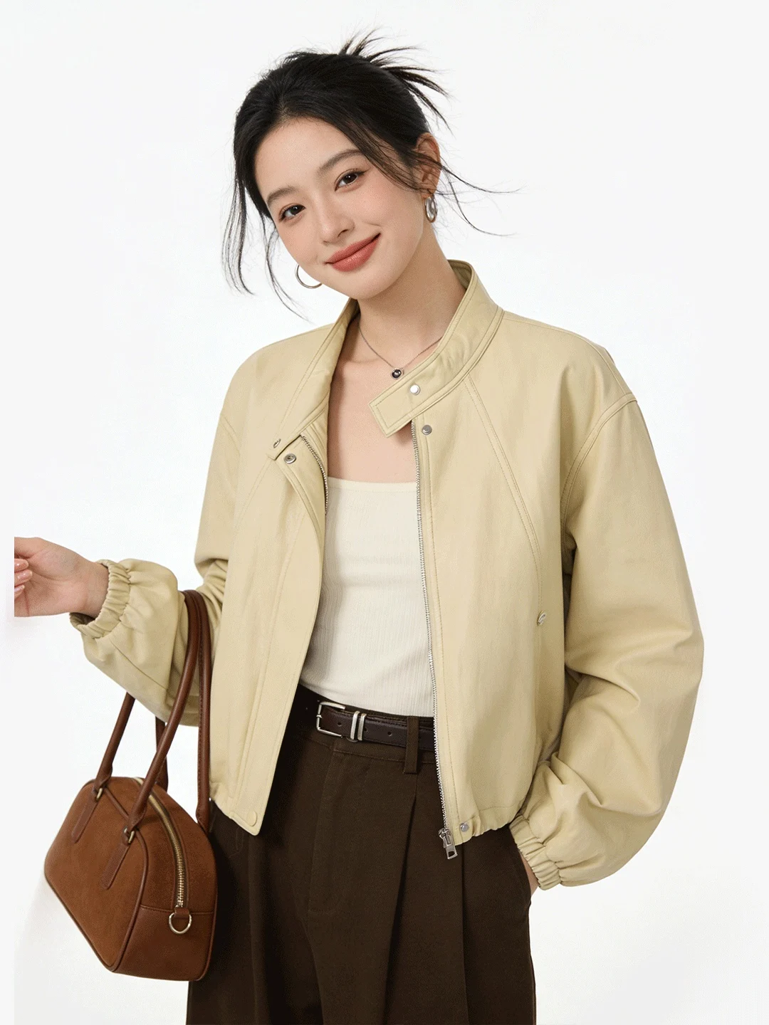 

Korean Sle Stand Collar Casual Versatile Simple Leather Jaet Women's Sweet Cool Biker Clothes Spring New Sle Slimming