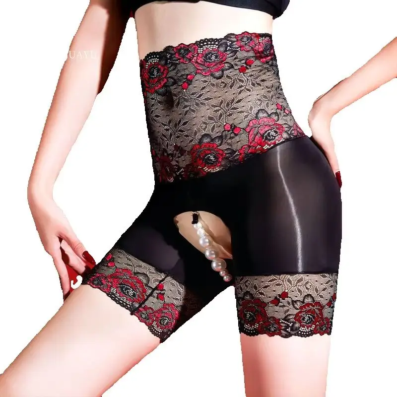 medias y calzoncillos de aceite de caballo ultrafinos y brillantes 5D para mujer, calzoncillos tipo bóxer de encaje transparente y sexy con abertura en la entrepierna y detalles de perlas para masaje.